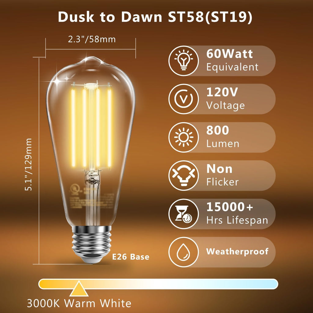Dusk to Dawn Light Bulbs Outdoor ST58 60W Equivalent 3000K 4-Pack