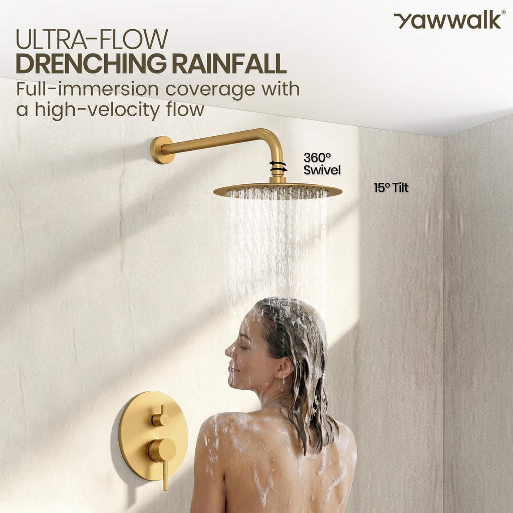 Bathtub Faucet Set, Shower System with Tub Spout, Valve, Brushed Gold