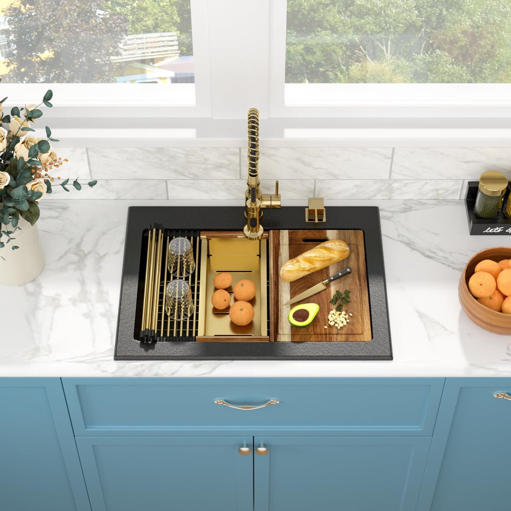 30 Granite Composite Black - 30"x22" Drop In Ledge Workstation Black Granite Quartz Composite Top-Mount Single Bowl
