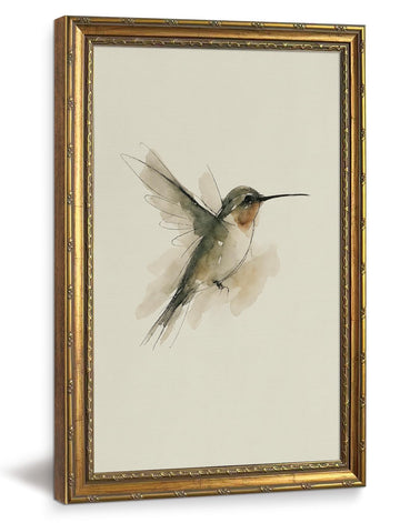 Large Vintage Gold Framed Hummingbird Wall Art, Retro Bird Sketch Canvas Prints, Whimsical Nature Painting Picture
