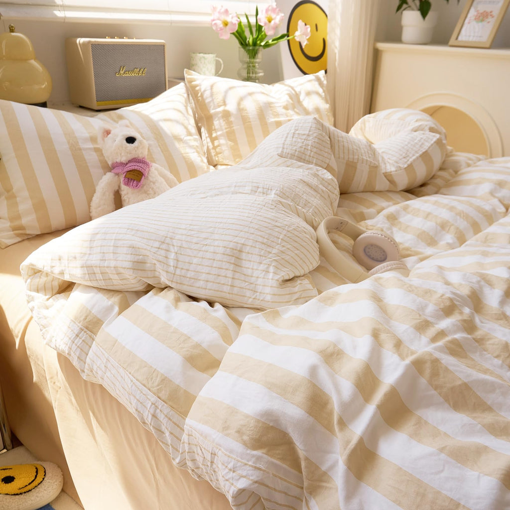 Boho Beige Striped Duvet Cover Soft Washed Microfiber 3-Piece