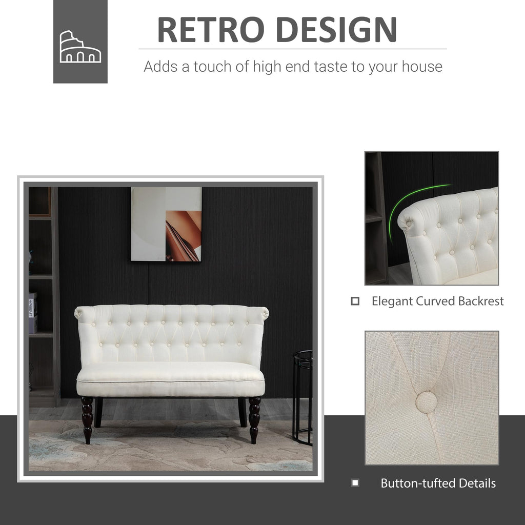 Fabric Loveseat with Wood Legs, Buton Tufted Settee, Cream White