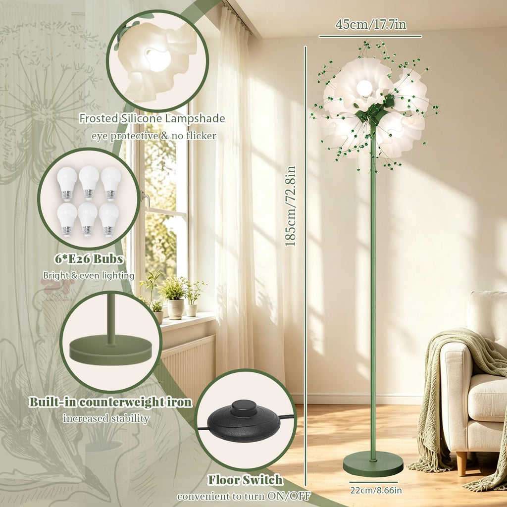 Flower Floor Lamp, Tall Crystal Floor Lamp with 6 LED Blubs, Green Floral Floor Lamps with 3 Color Temperatures