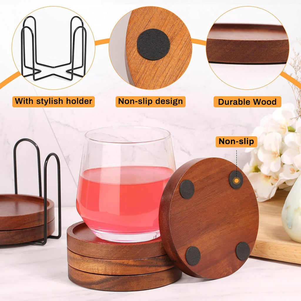 Wooden Coasters with Holder, Acacia Wood Drink Coasters for Farmhouse, Patio, Bar Decoration - Set of 6