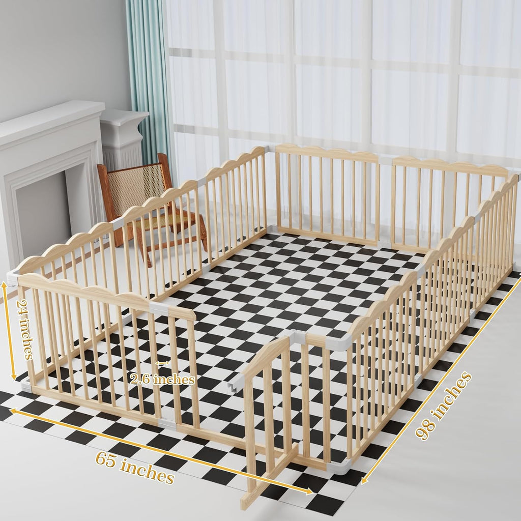 Wooden Baby Playpen 98x65x24In Adjustable Play Yard with Lock Gate | Easy to Assemble, Large Portable Play Pen for