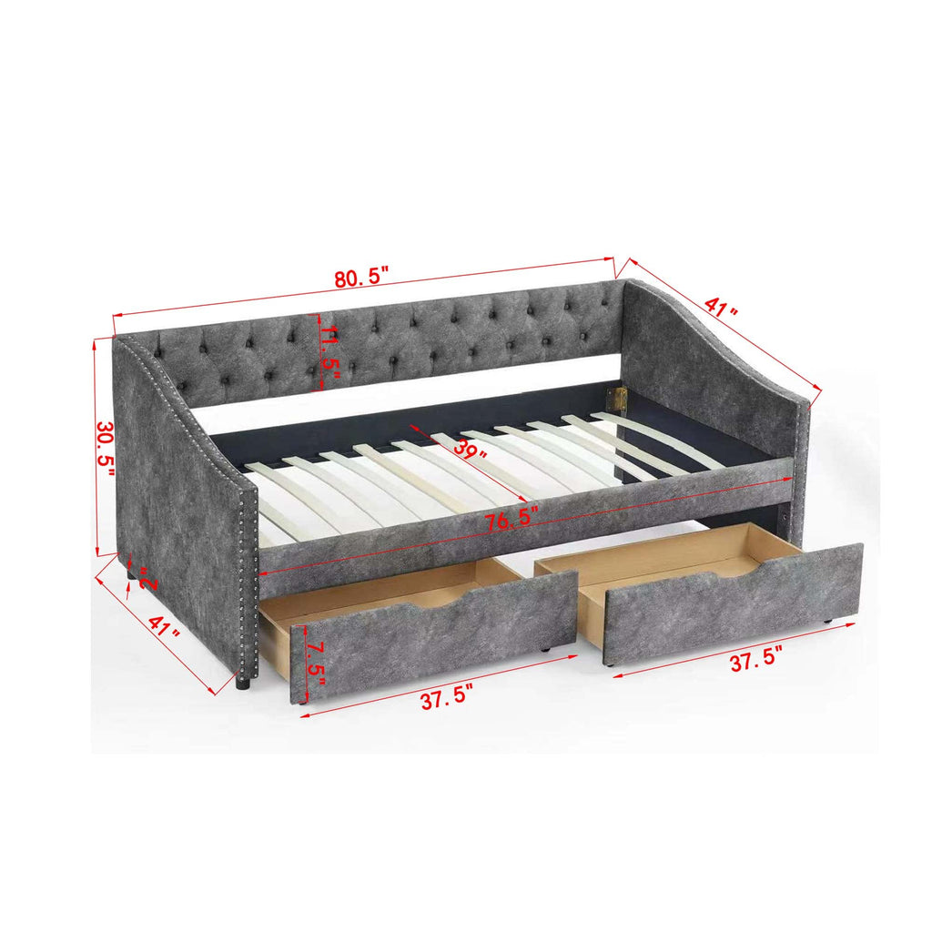 Twin Size Upholstery Daybed with 2 Drawers and Headboard, Mid-Century Style Tufted Sofa Bed with Button on Back, Easy