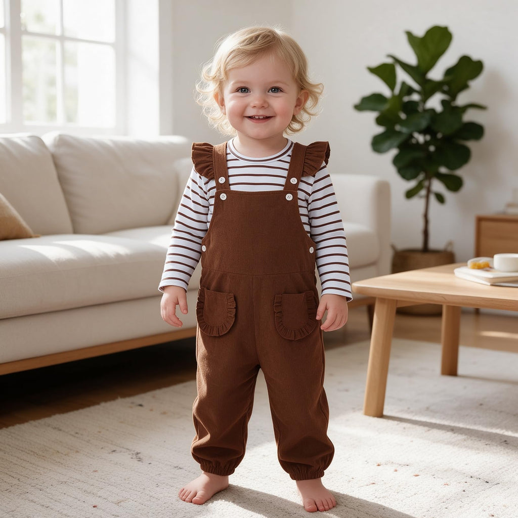 Toddler Baby Girl Overalls Set with Long Sleeve Striped T-Shirt