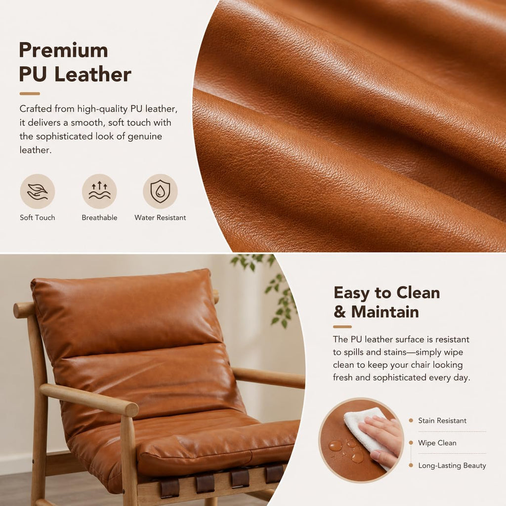 Faux Leather Accent Chair Mid Century Modern Living Room Chairs Comfy Arm Chair with Solid Wood Frame Upholstered