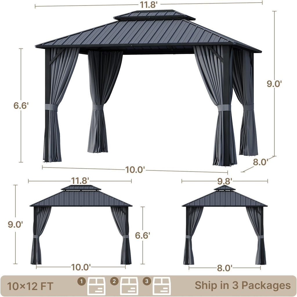 10'x12' Hardtop Gazebo, Aluminum Frame Metal Canopy with Double Roof