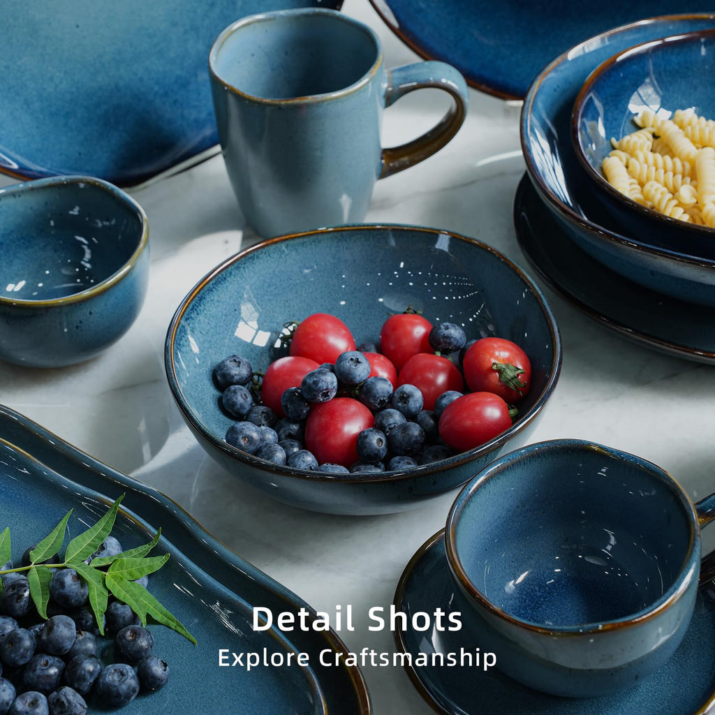 Highland 16pc Dinnerware Set, Unique Organic Shape Double Bowl, Stoneware Plate & Bowl Dish Set Service For 4
