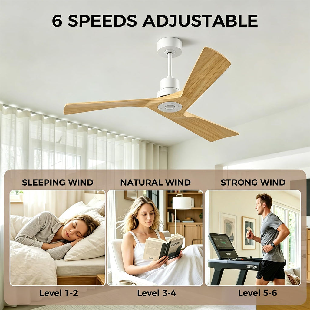 Inspired Adler Style 52" Solid Wood Ceiling Fan Without Light, 3 Sculpted Blades, Quiet DC Motor, 6-Speed Remote - White and Natural Wood