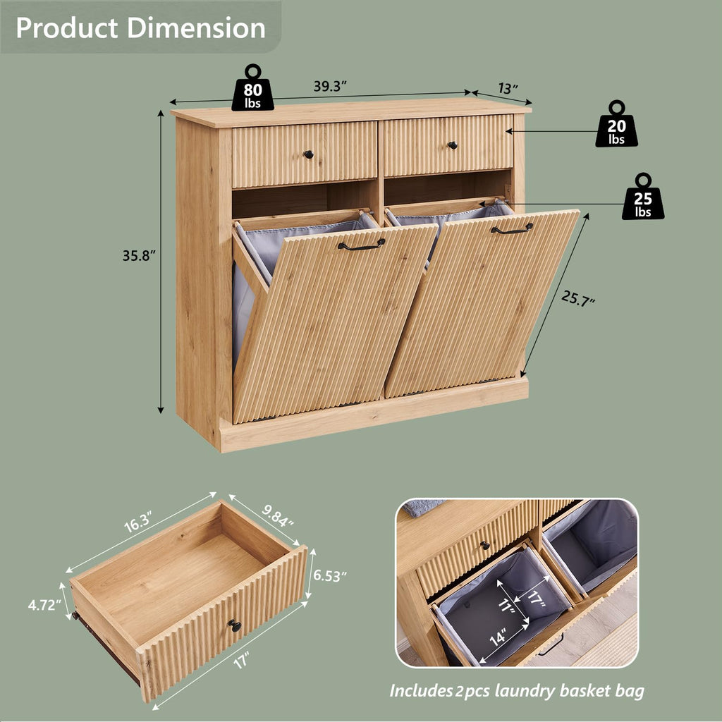 Double Tilt Out Laundry Hamper Cabinet, Modern Trash Cabinet, Natural