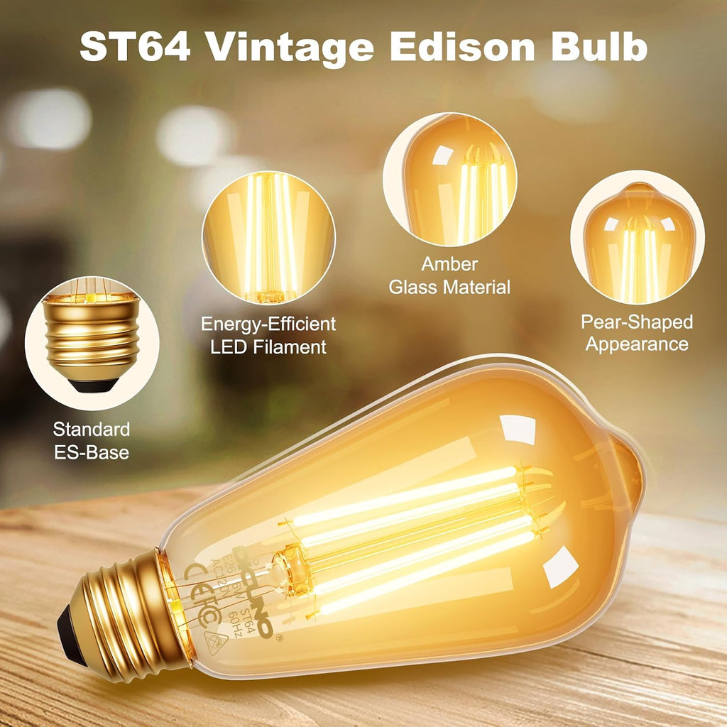 E26 Edison Bulbs 60W, 2200K Amber Warm, Amber Glass, 600LM, 10-Pack
