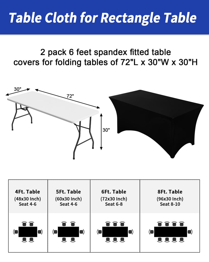 2 Pack 6FT Black Tablecloth Rectangle Spandex Fitted Table Cover