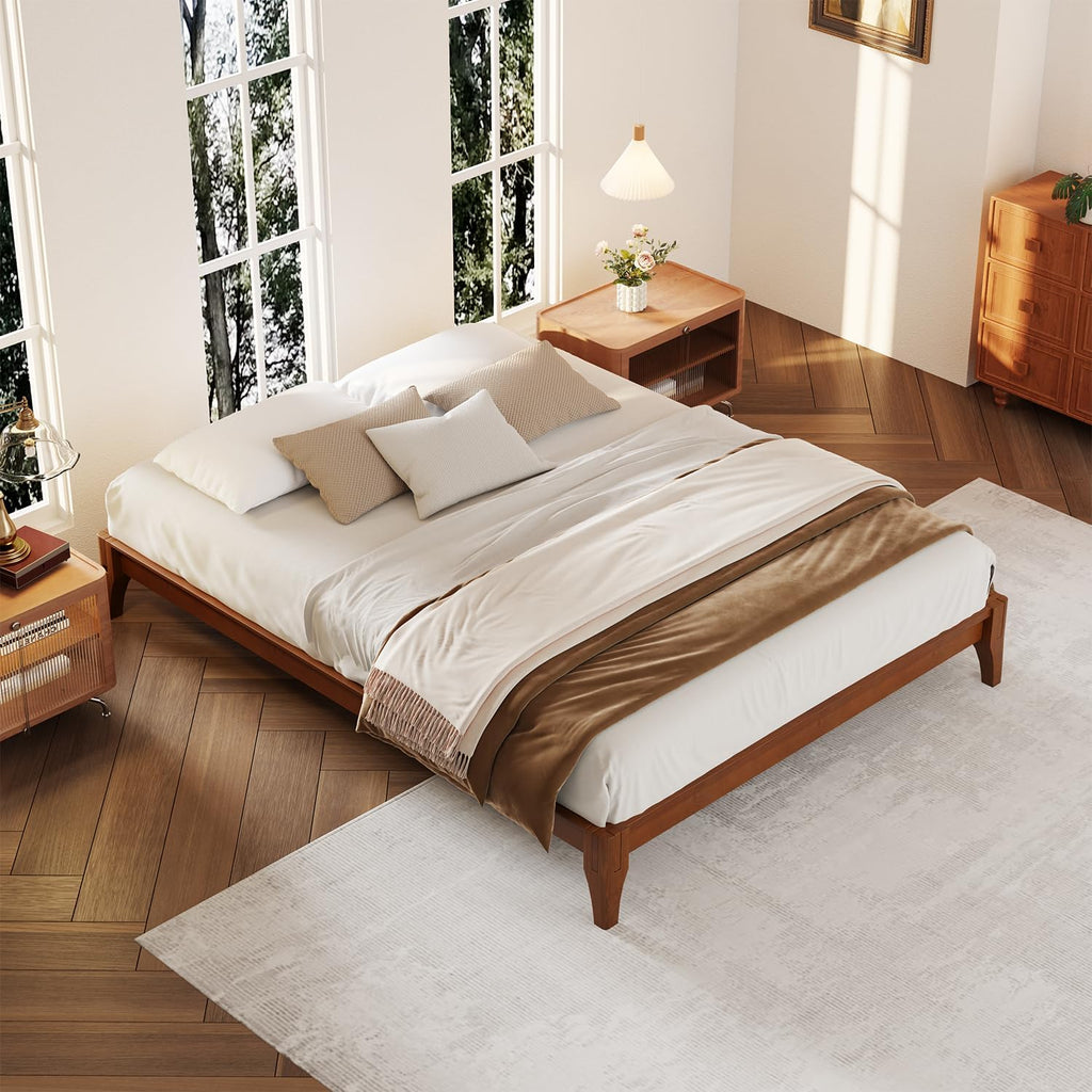 Full Size Japanese Mid-Century Brown Bamboo Wooden Bed Frame
