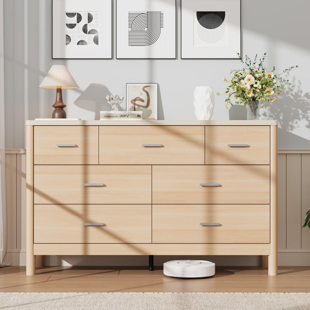 7 Drawer Dresser, Wooden Storage Chest of Drawers, Beige & Oak