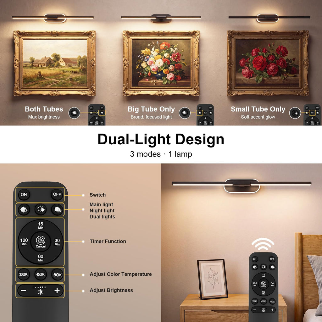 24" Wireless Picture Lights for Wall, Rechargeable Art Light with Timer