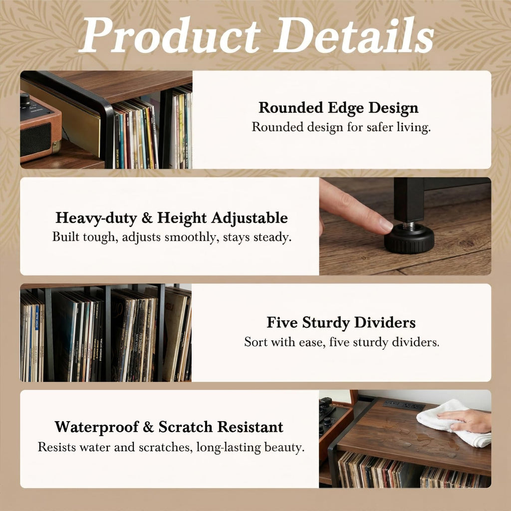 50 Inch Large Record Player Stand with vinyl Storage, Walnut