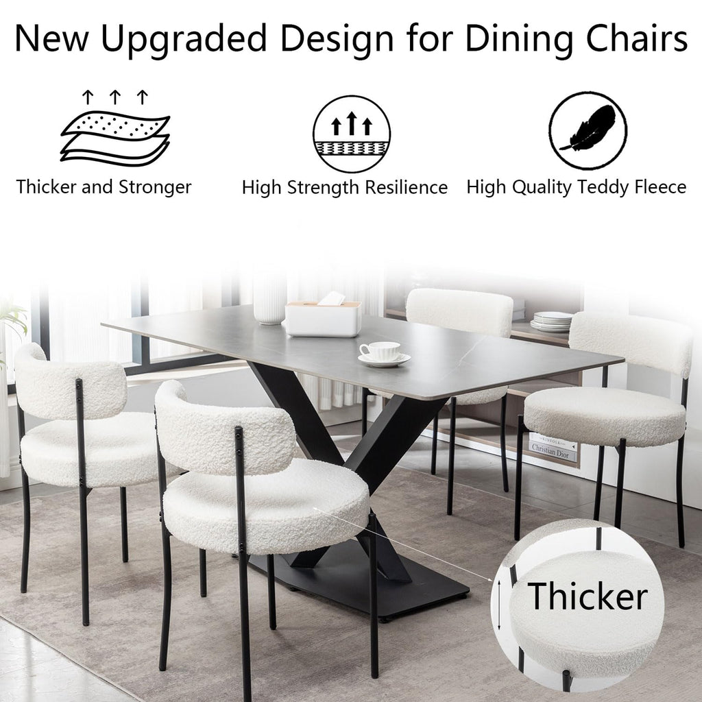 White Boucle Set of 4, Upholstered Dining Room Chairs with Black Metal Legs, Round Modern Dining Chair