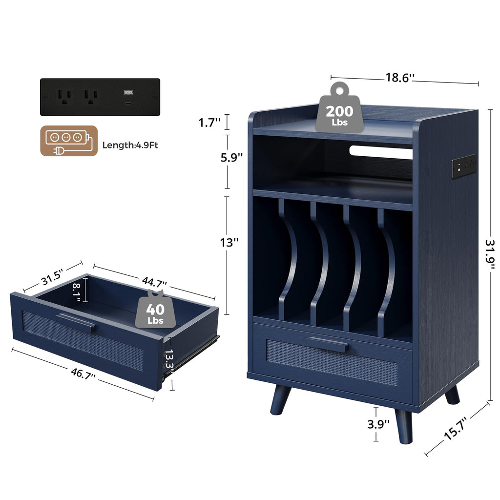 Record Player Stand with Power Outlets, Vinyl Storage Cabinet, Blue