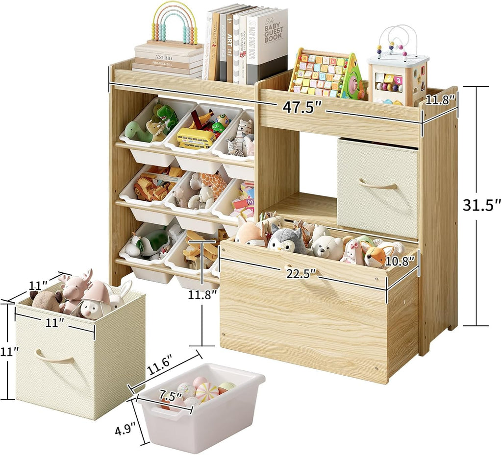 Toy Storage Organizer for Kids, 9-Bin Toy Organizer with 2-Drawers, Movable Toy Chest and Top Rack, Multifunctional