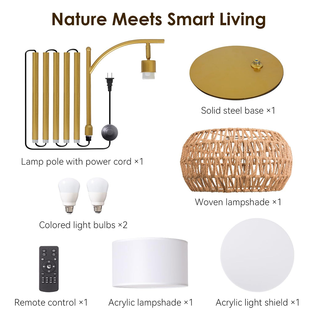 Gold Boho Rattan Floor Lamp w/Remote, Dimmable (2700K - 6000K), 2 - in - 1 Wicker & Fabric Shade, Adjustable 165-172cm
