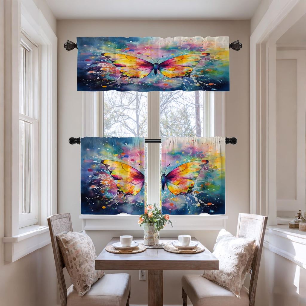 Butterfly Colors Blackout Kitchen Curtain, Colorful Butterfly in Flight Window Treatment Rod Pocket Light Filtering