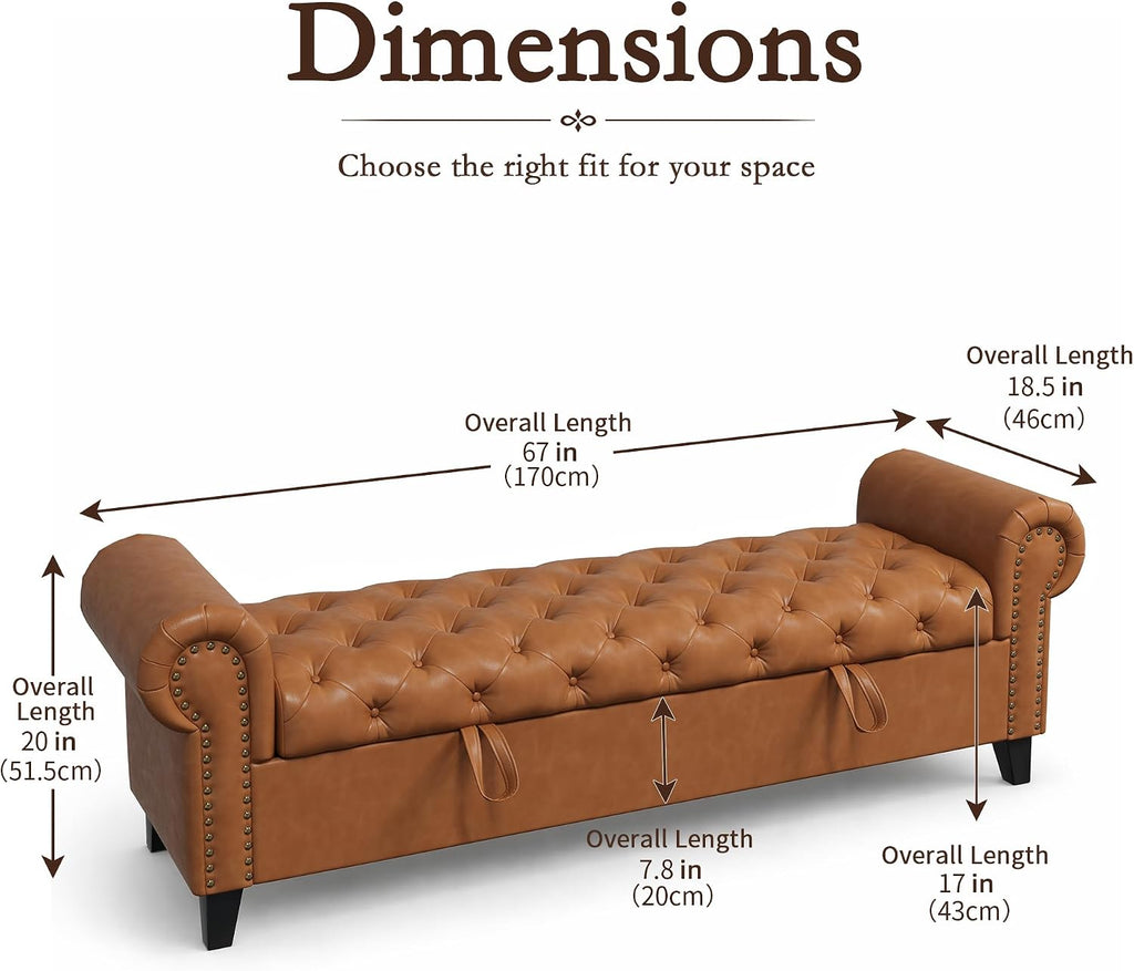 67 Inch Faux Leather Storage Bench with Rolled Arms, Chesterfield Tufted Ottoman Bench with Nailhead Trim