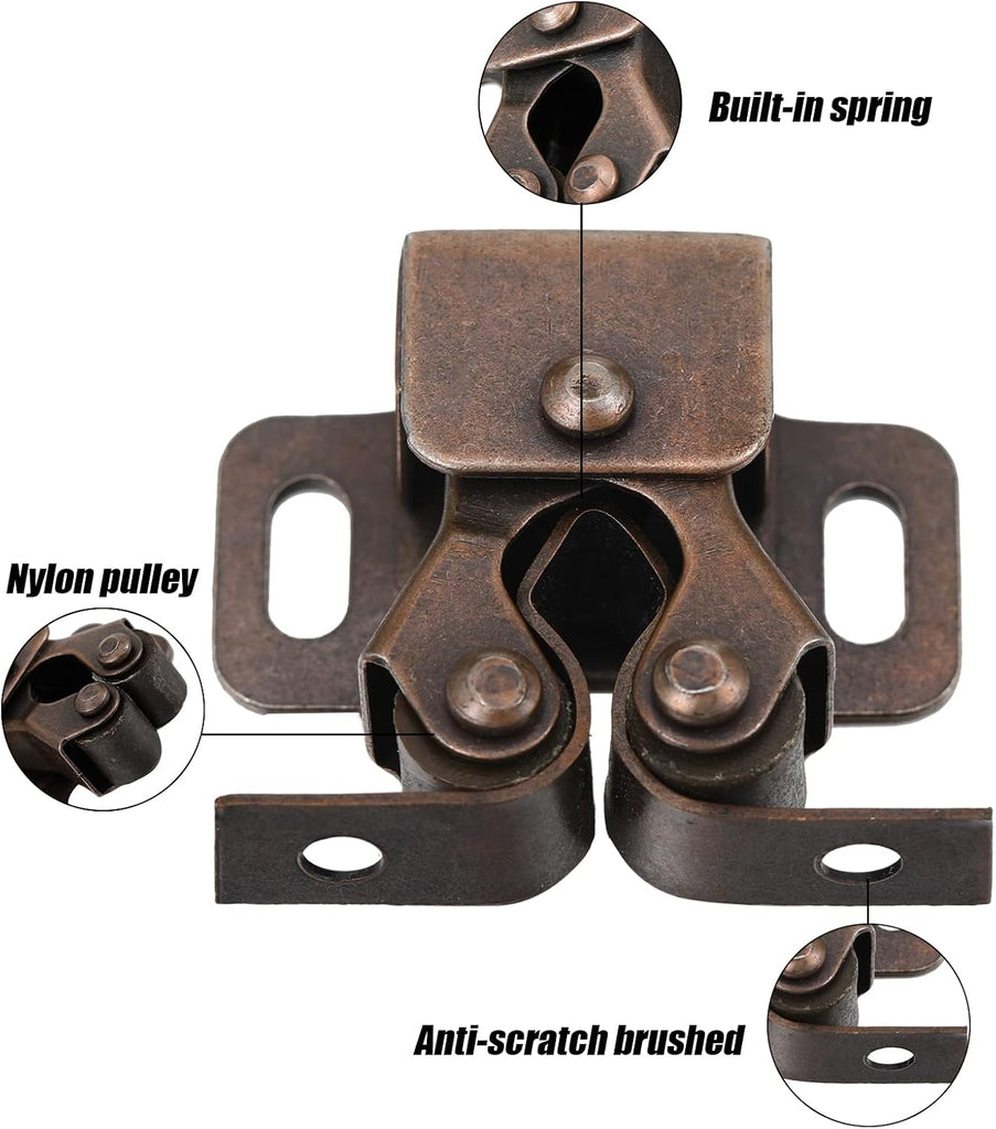 20 Pcs Cabinet Door Latch and Catch Hardware Double Roller Catch Cabinet Latches with Spear Strike Doors Kitchen (Brown