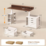 Farmhouse Electric Standing Desk, 55" Height Adjustable Computer Desk with 3 Drawers, File Cabinet, Storage Shelves
