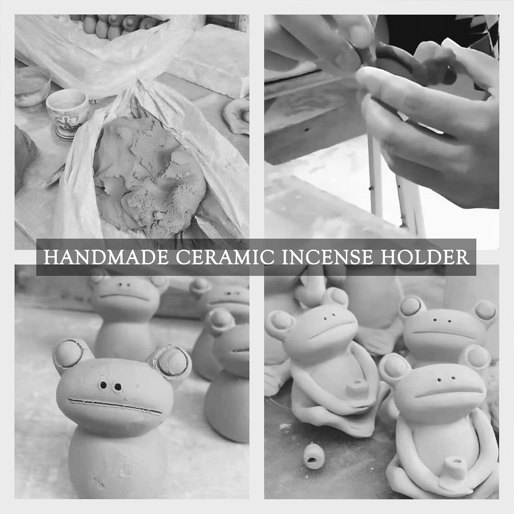 100% Handmade Ceramic Stick Incense Burner Holder,Small Frog Incense,Lotus Leaf Tray,Mini Cute Animal Statue Home