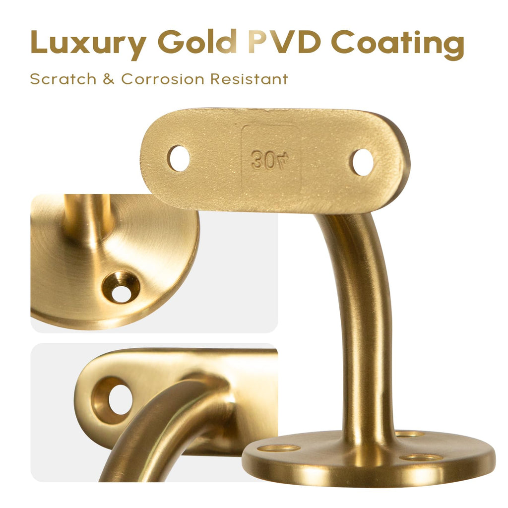 Heavy Duty Gold Handrail Brackets for Indoor Stairs, 304 Stainless Steel Stair Railing Bracket, Wall Mount Banister