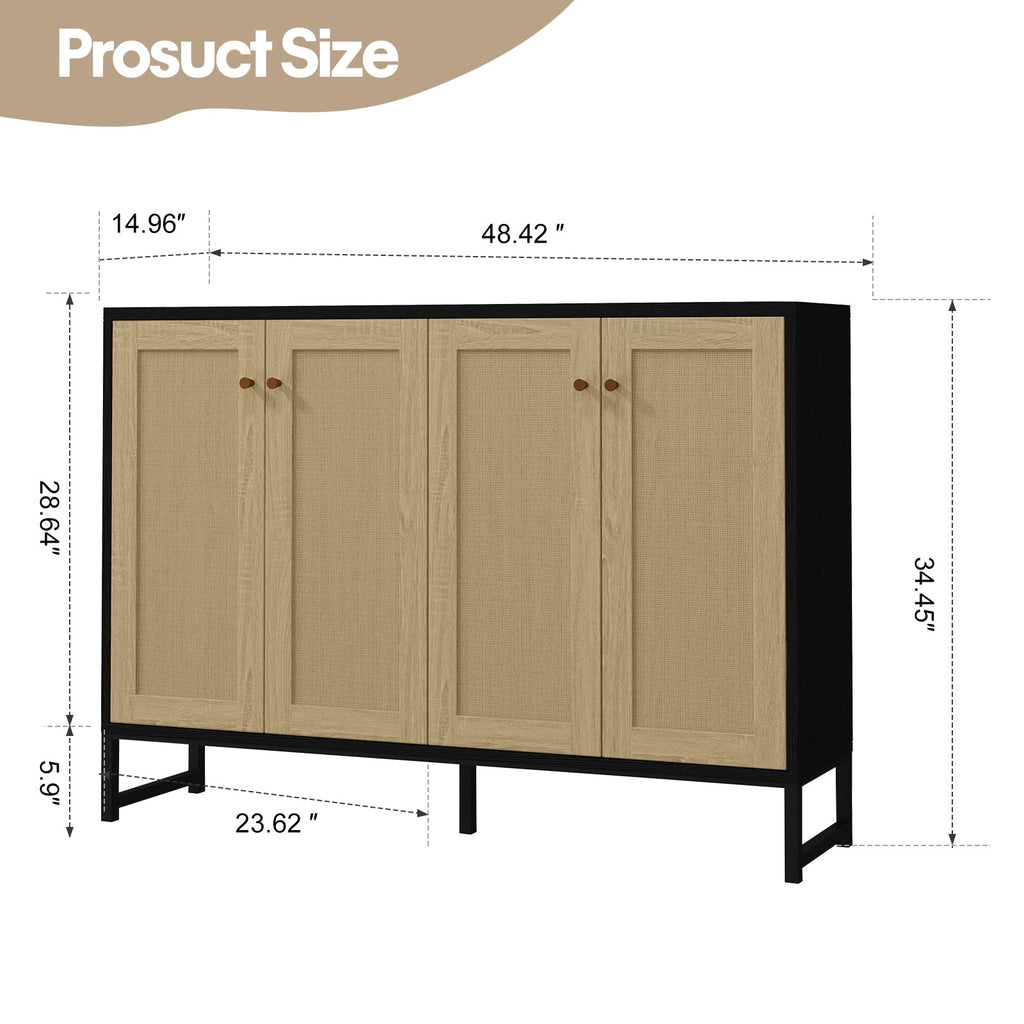 Sideboard Accent Storage Cabinet with Rattan Decorated 4 Doors Dining Room Freestanding Kitchen Buffet Table Cupboard