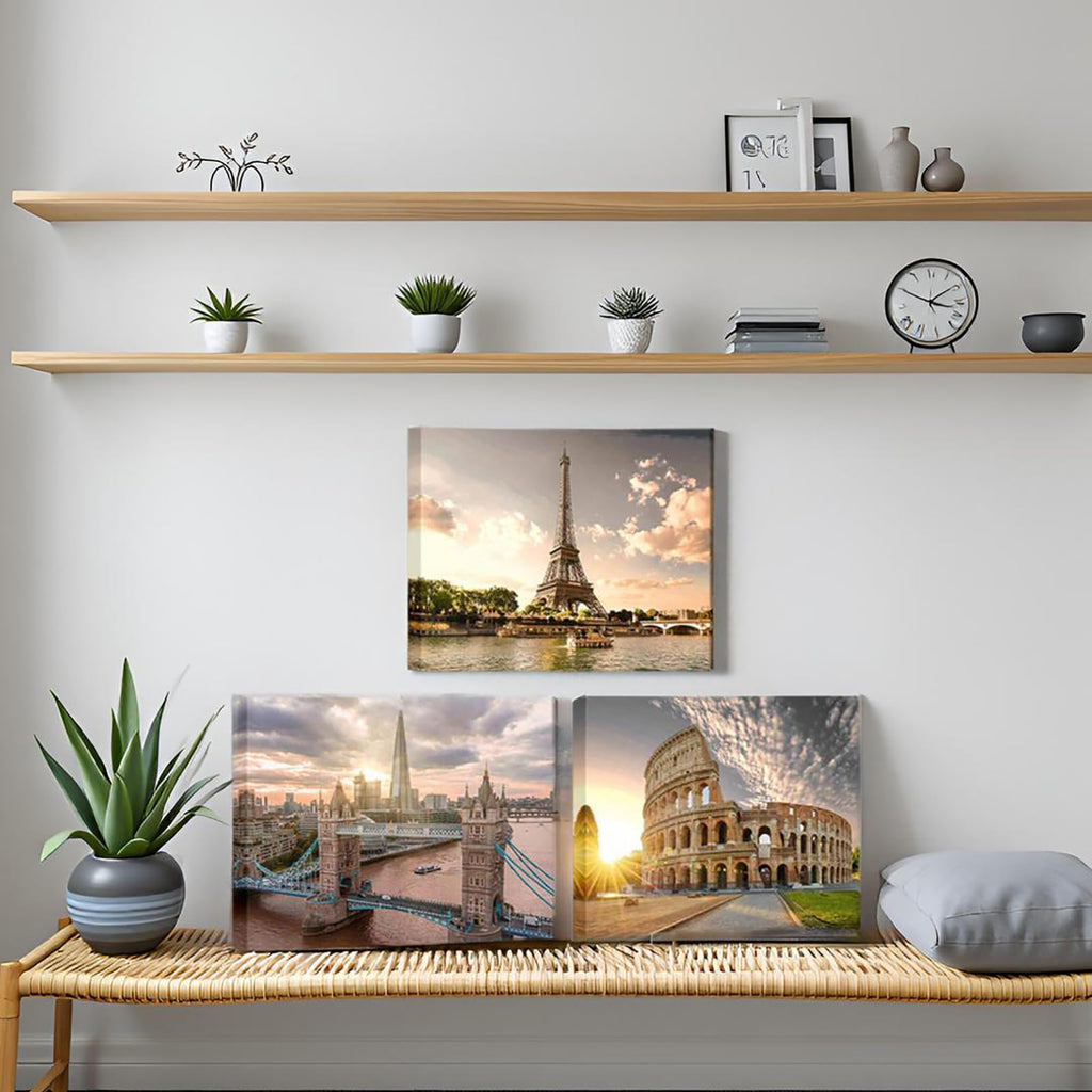 European Cityscape Wall - Paris Eiffel Tower, London, Rome Canvas Prints - Framed Landscape Paintings Decor - Ready