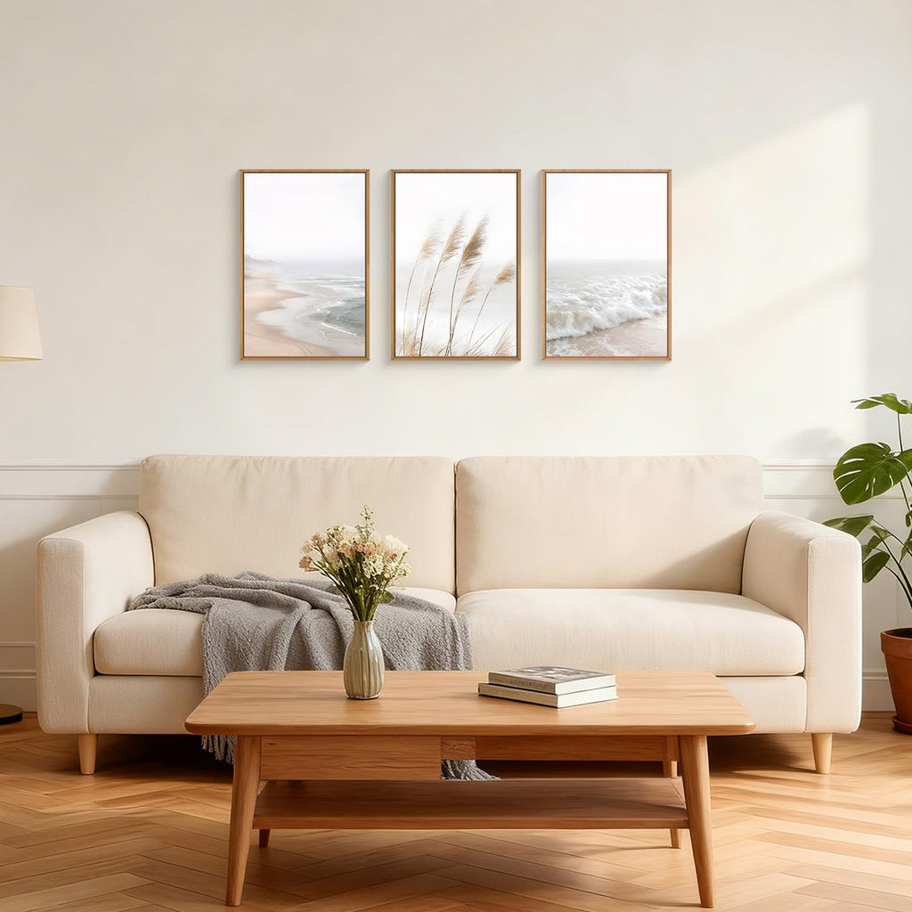 Large Neutral Coastal Reed Framed Canvas Wall Art, Modern Beach Natural Wall Decor, Boho Ocean Waves Picture, Minimalist