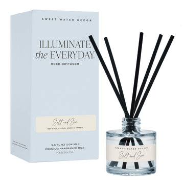 Salt and Sea Reed Diffuser Set, Blue Tinted Glass Jar, Sea Salt Citrus and Musk Amber Scent, Long Lasting Fragrance