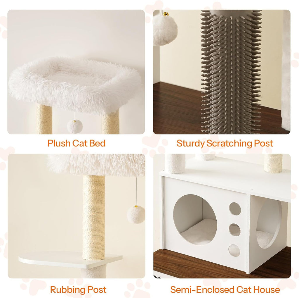 Cat Tree with Litter Box Enclosure, 65.7'' Modern Cat Tower, 2-in-1 Cat Furniture with Cat Condo, Food Station