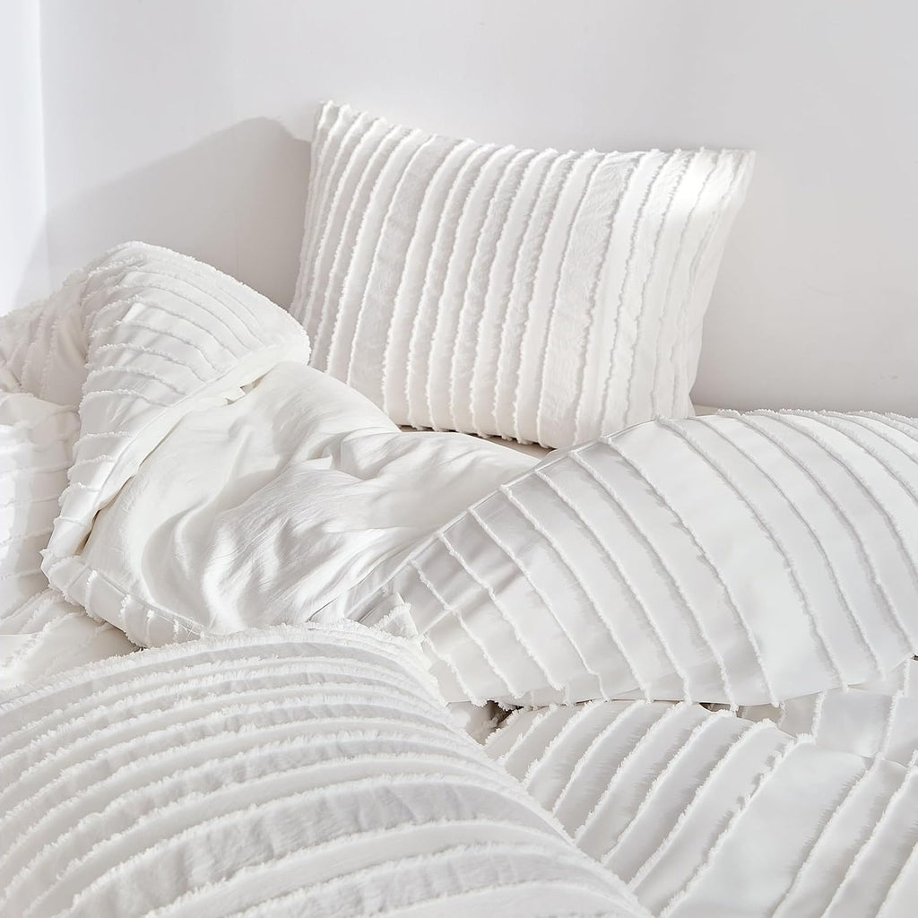 White Boho Duvet Cover Set Queen, Striped Textured Tufted Bedding Set, 3 Pcs Ultra Soft Washed Microfiber with Zipper