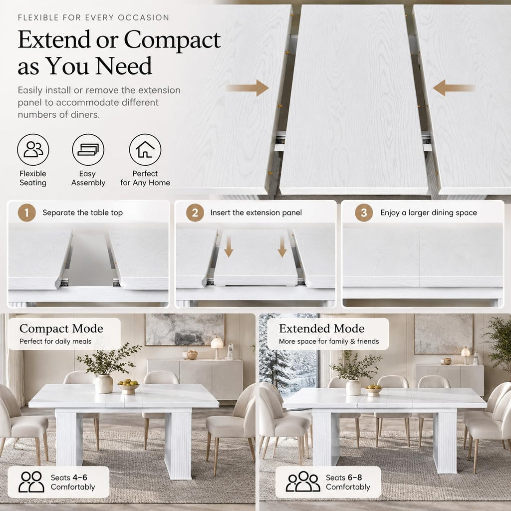63-78" Modern Farmhouse Extendable Dining Table for 4 6 8, White