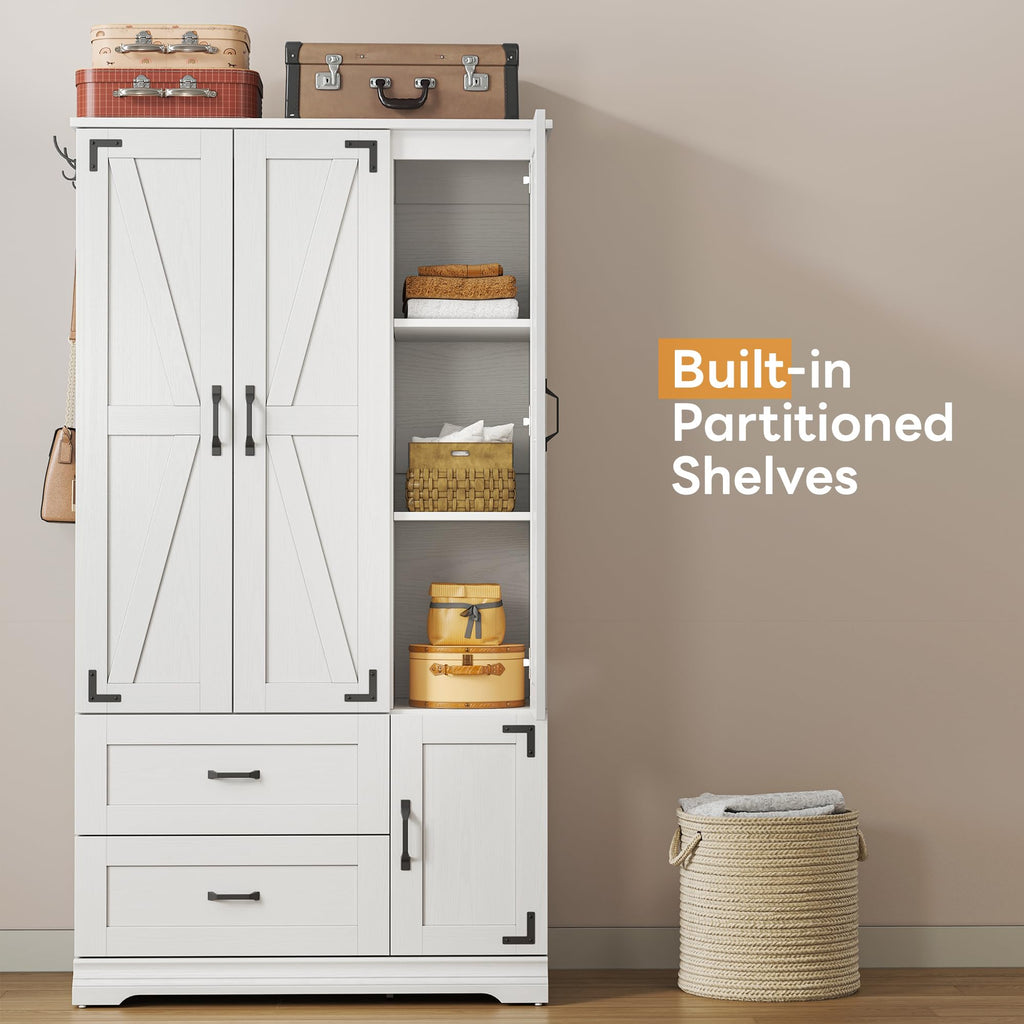 Armoire Wardrobe Closet 71" with 4 Doors & 2 Drawers, White