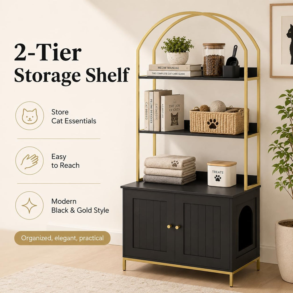 Cat Litter Box Enclosure with 2-Tier Shelves, Black and Gold