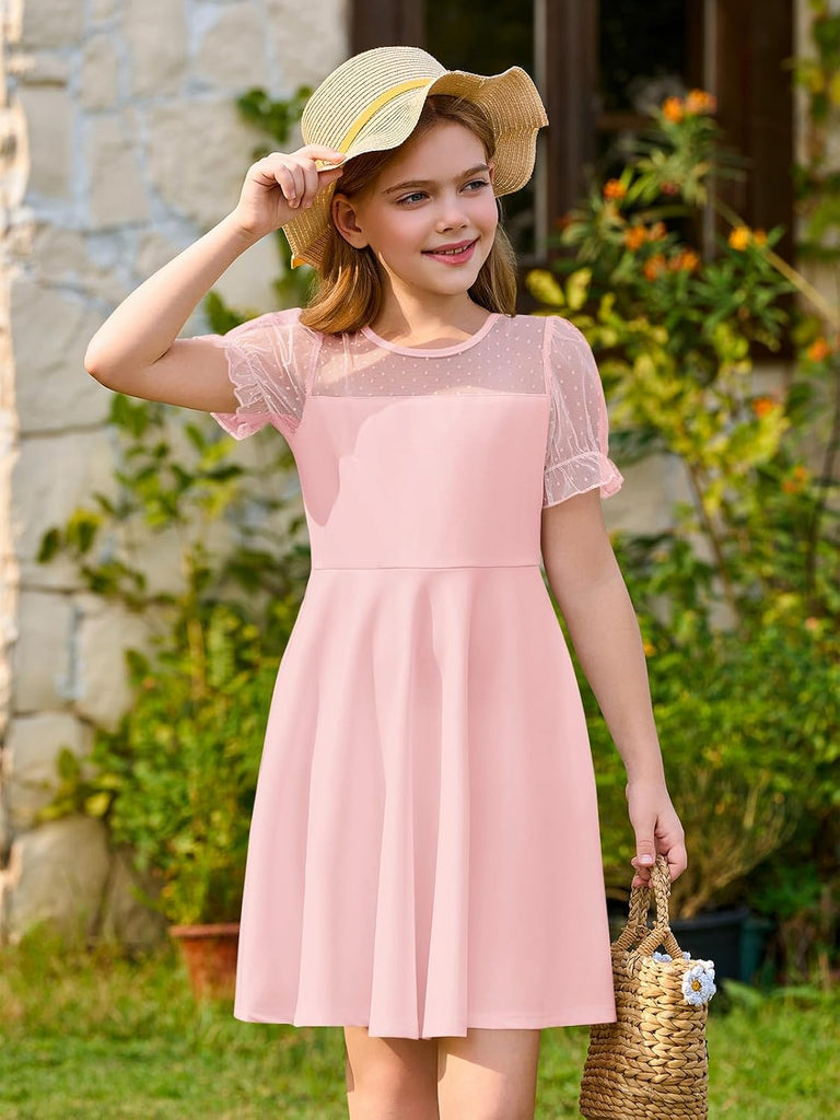 Girls Contrast Mesh Puff Sleeve Dress Kids Casual Party Dress
