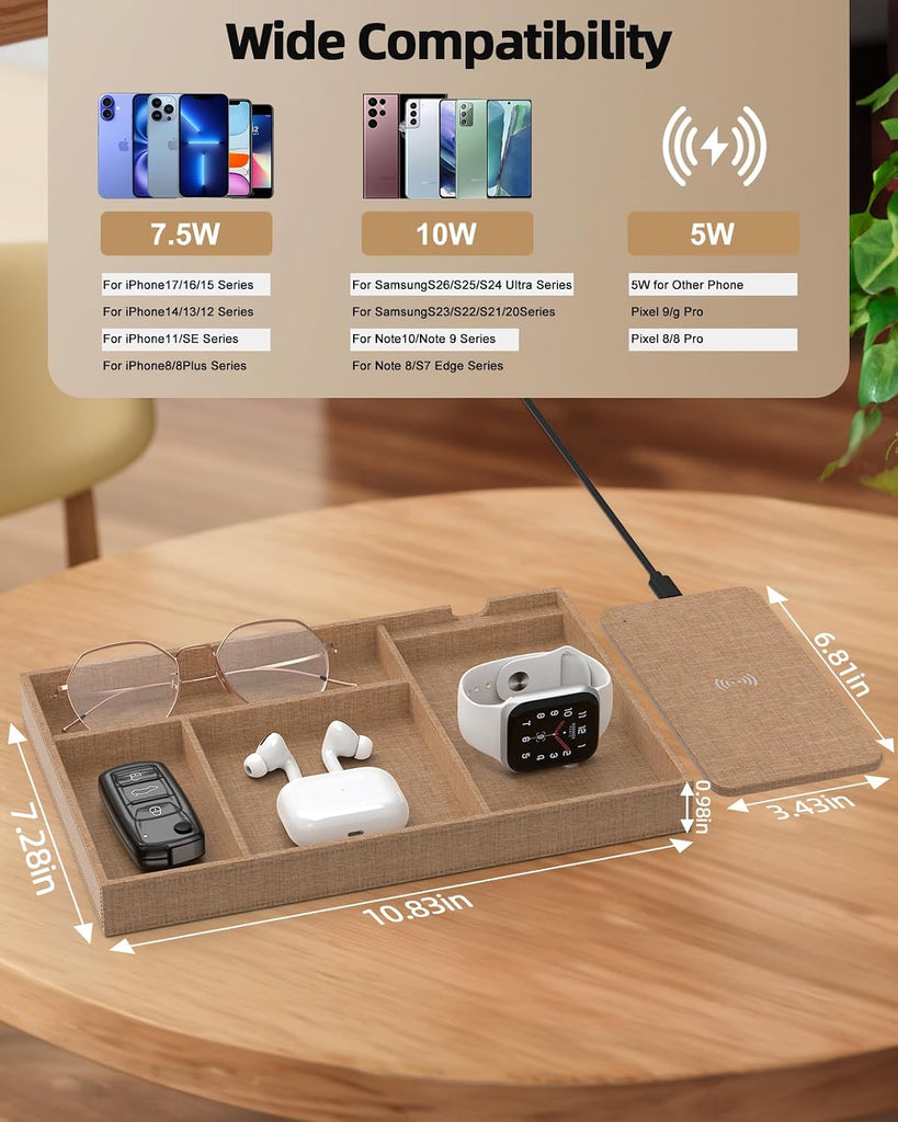 Valet Tray with Wireless Charger, Nightstand Organizer & Catchall Tray for Phone, Keys, Glasses and Accessories