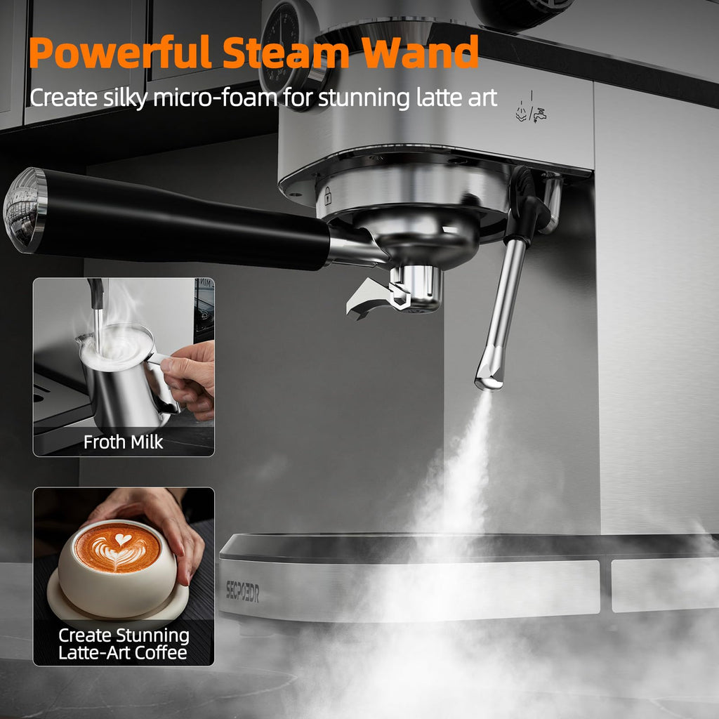 20 Bar Compact Espresso Machine with Pressure Gauge, Stainless Steel Espresso Maker with Milk Frother, Coffee Machine