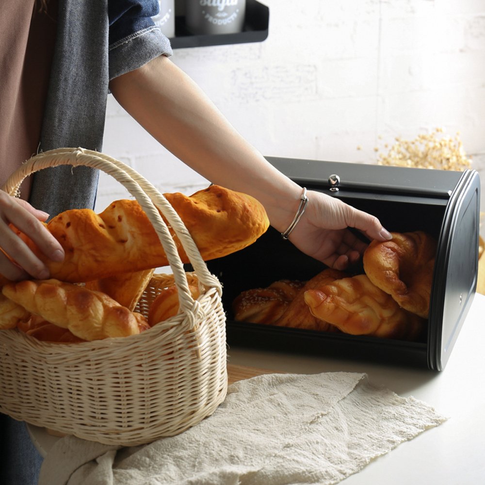 Bread Box - X458 Black Metal /Bin/kitchen Storage Containers with Roll Top Lid (Black)