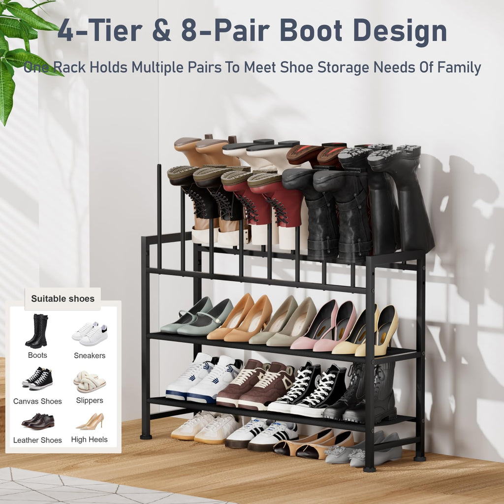 Boot Rack 4-Tier - Black Metal Boot Storage Rack for Tall Boots Organizer Tall Boots, Multiuse Shoe Rack for Boots