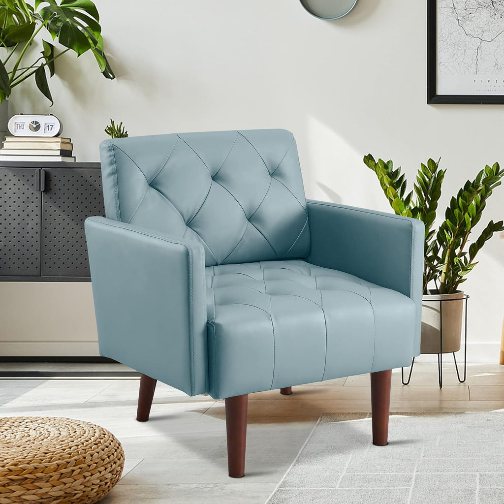 Faux Leather Accent Chair Modern PU Armchair, Retro Tufted Upholstered Arm Chair, Comfy Leather Club Chair Single