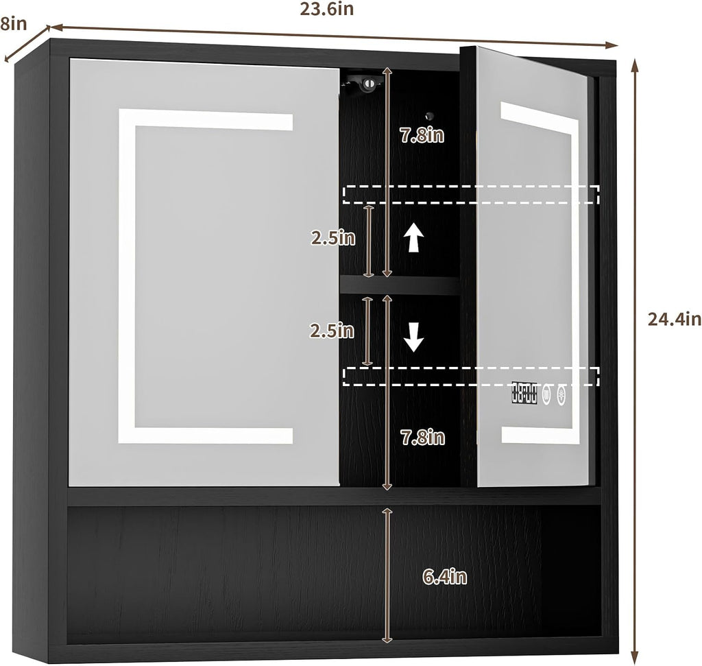 Bathroom Medicine Cabinet with Mirror, Lighted Wall Storage Cabinet, Black | 24" x 24" Modern LED Bathroom Mirror