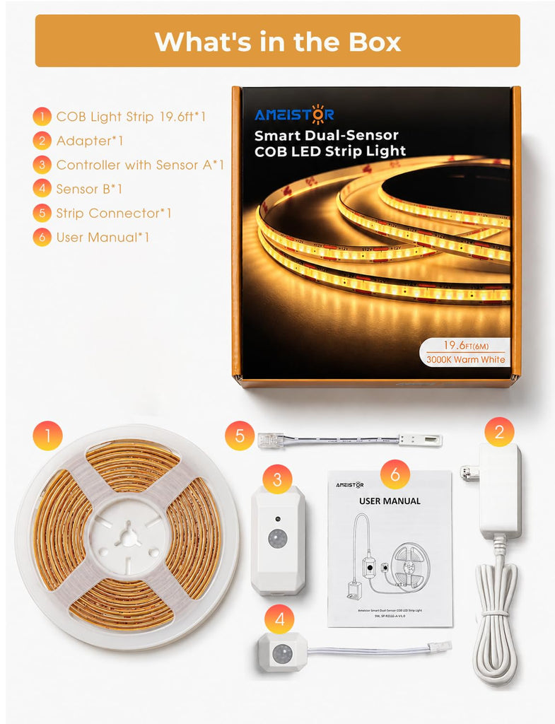 Smart Plug-in Dual Motion Sensor COB LED Strip Light for Under Bed, Under Cabinet, Hallway, Closet, 19.6ft APP