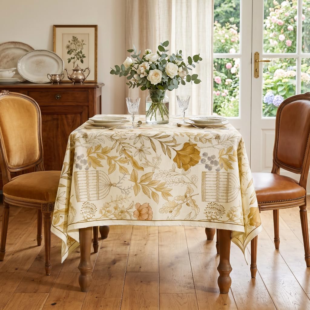 Designer French Farmhouse Fall Tablecloth, Rectangular, 87"x63"